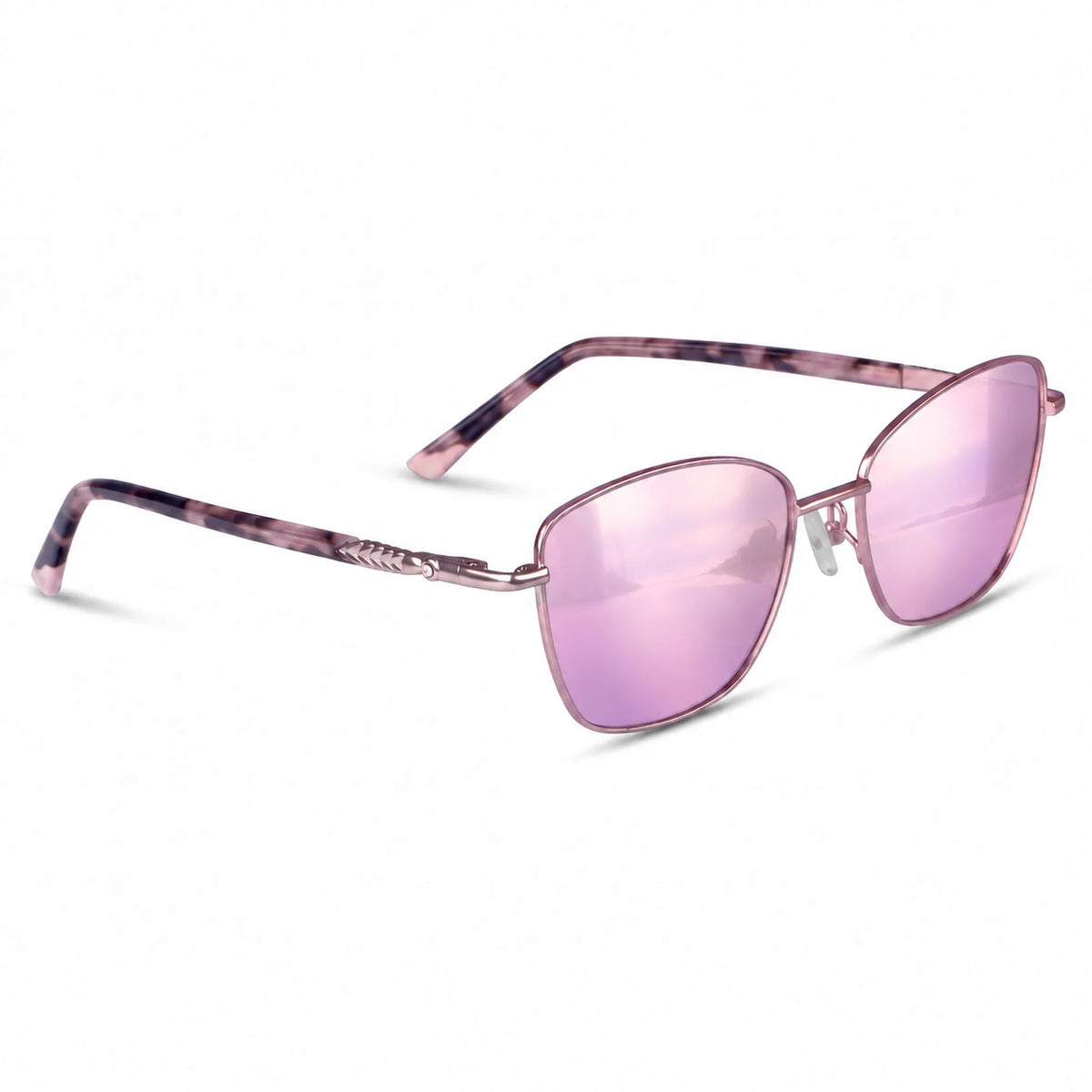 Fiore 2210 square cat eye sunglasses, purple steel frame, mirrored pink polarized lens, three-quarter view · ReFramed