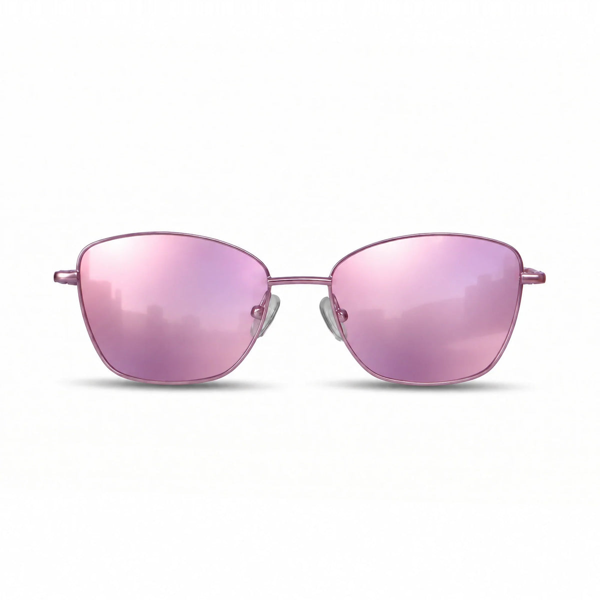 Fiore 2210 square cat eye sunglasses, purple steel frame, mirrored pink polarized lens, front view · ReFramed