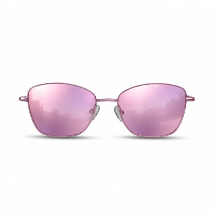 Fiore 2210 square cat eye sunglasses, purple steel frame, mirrored pink polarized lens, front view · ReFramed