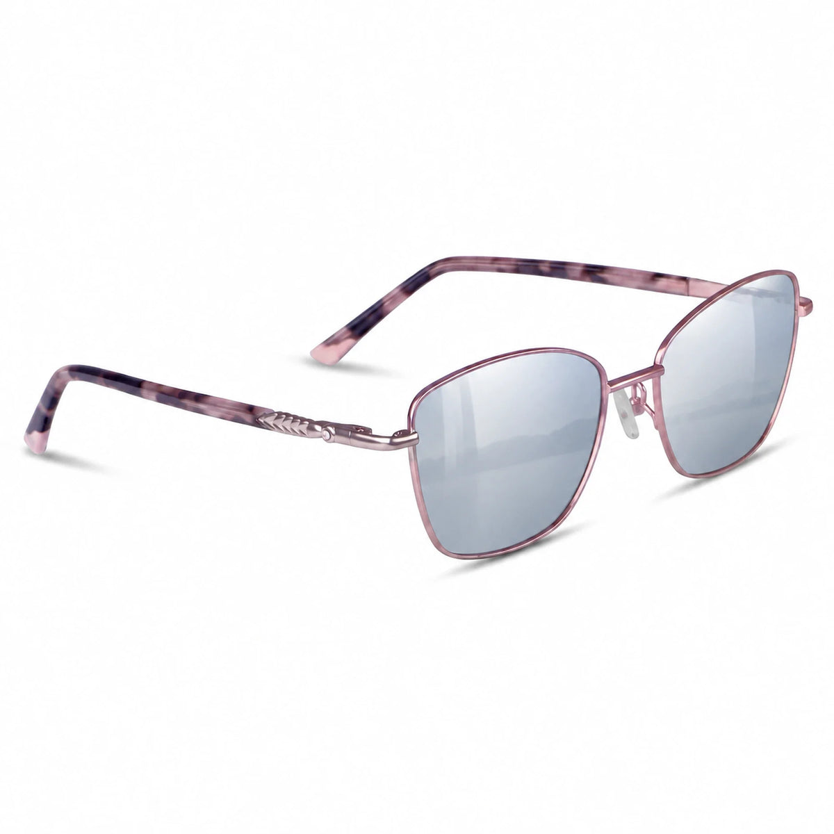 Fiore 2210 square cat eye sunglasses, purple steel frame, mirrored silver polarized lens, three-quarter view · ReFramed
