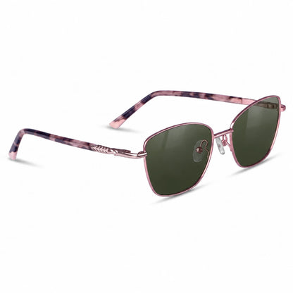 Fiore 2210 square cat eye sunglasses, purple steel frame, G15 polarized lens, three-quarter view · ReFramed