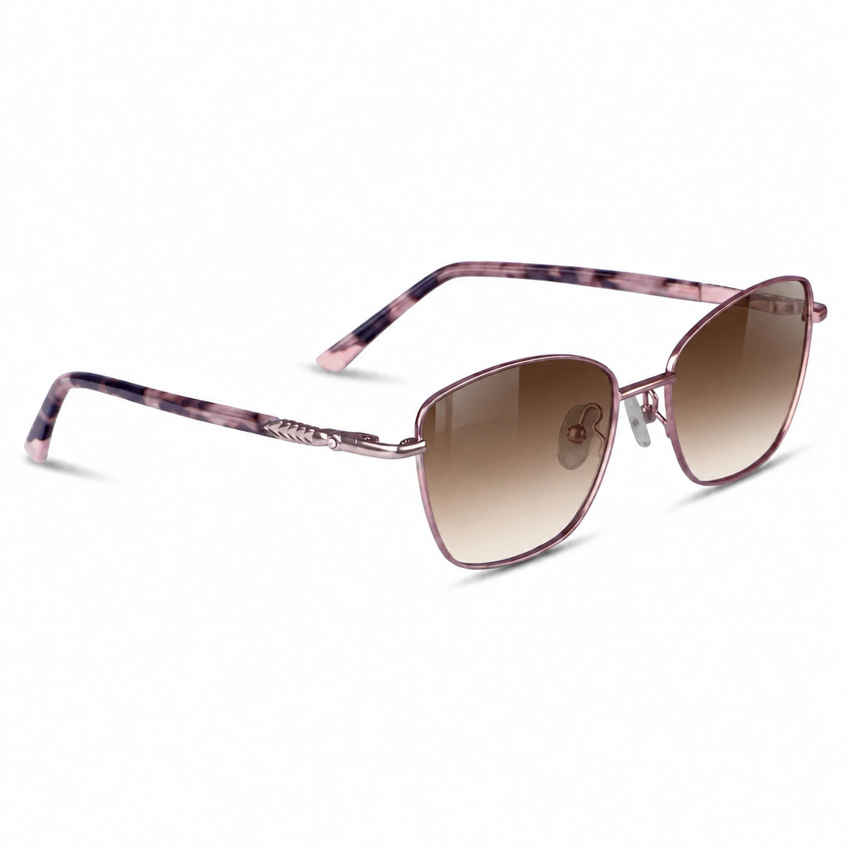 Fiore 2210 square cat eye sunglasses, purple steel frame, gradient brown polarized lens, three-quarter view · ReFramed