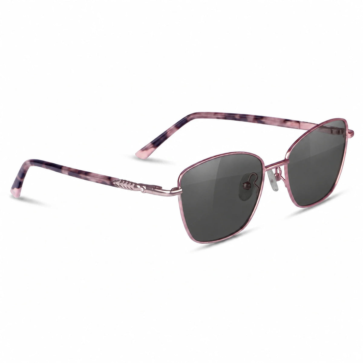 Fiore 2210 square cat eye sunglasses, purple steel frame, black polarized lens, three-quarter view · ReFramed