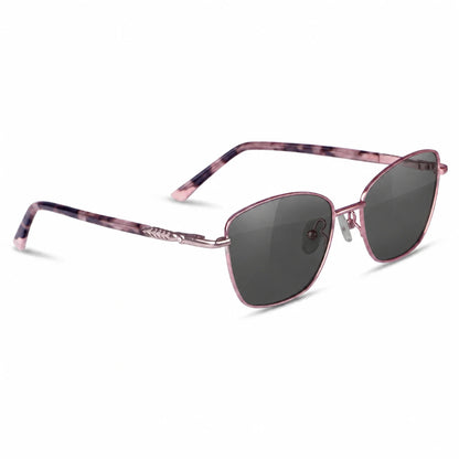 Fiore 2210 square cat eye sunglasses, purple steel frame, black polarized lens, three-quarter view · ReFramed