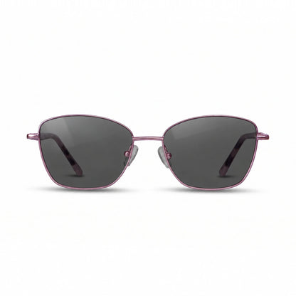 Fiore 2210 square cat eye sunglasses, purple steel frame, black polarized lens, front view · ReFramed