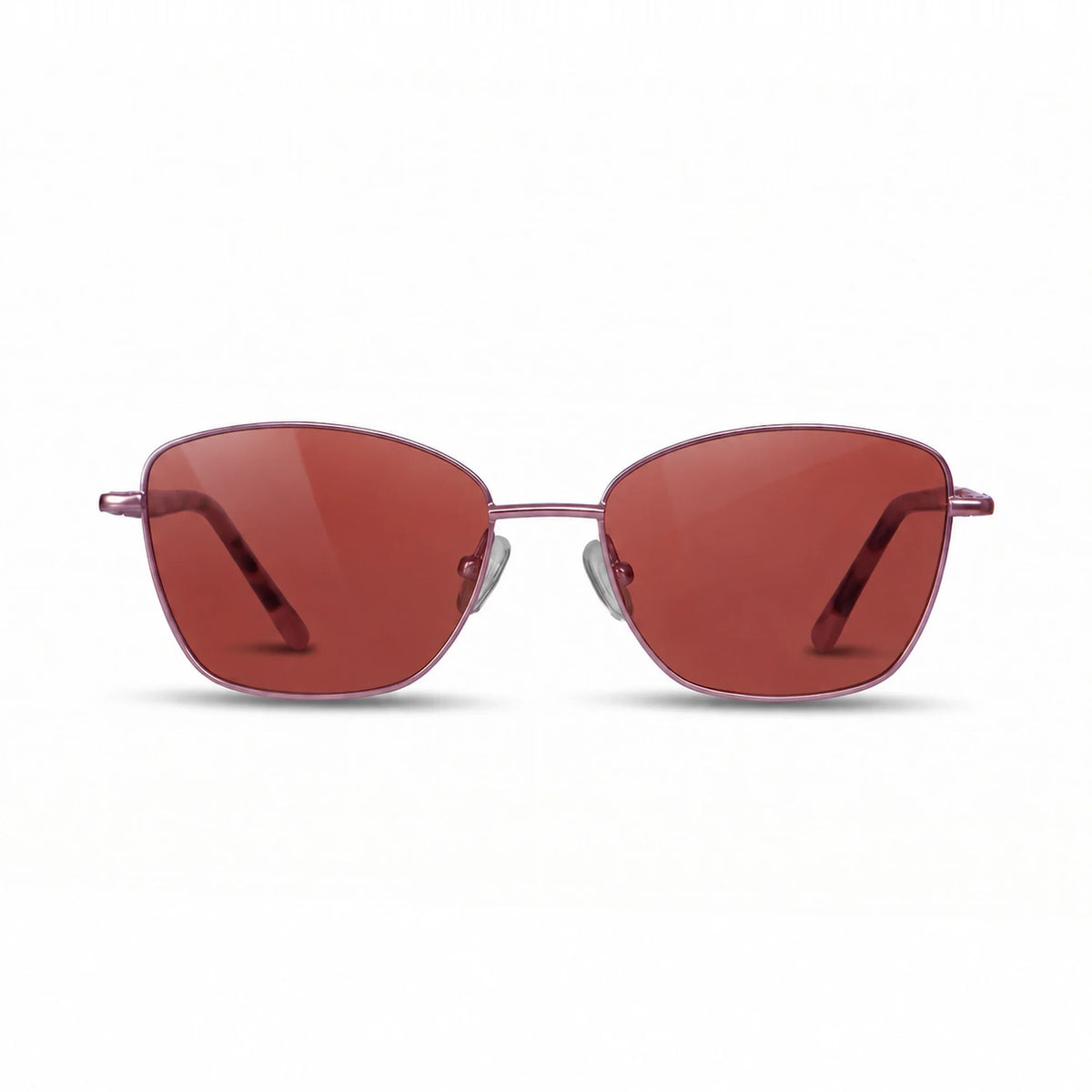 Fiore 2210 square cat eye sunglasses, purple steel frame, red polarized lens, front view · ReFramed