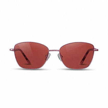 Fiore 2210 square cat eye sunglasses, purple steel frame, red polarized lens, front view · ReFramed