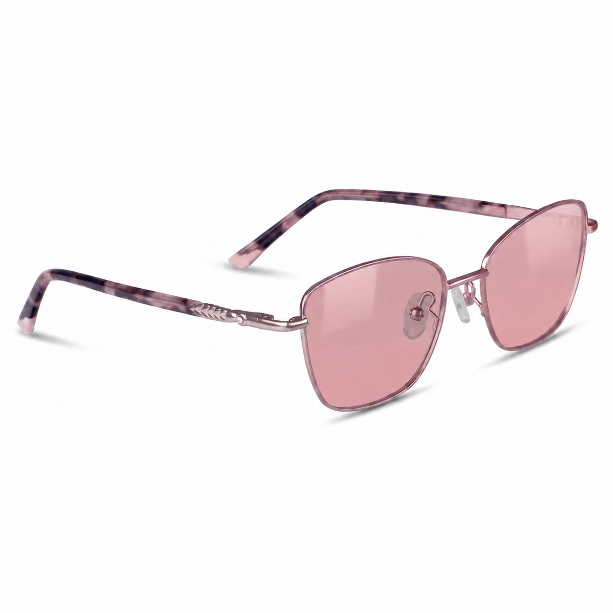 Fiore 2210 square cat eye sunglasses, purple steel frame, pink polarized lens, three-quarter view · ReFramed