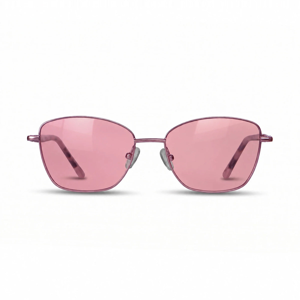Fiore 2210 square cat eye sunglasses, purple steel frame, pink polarized lens, front view · ReFramed