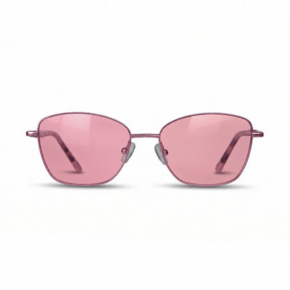 Fiore 2210 square cat eye sunglasses, purple steel frame, pink polarized lens, front view · ReFramed