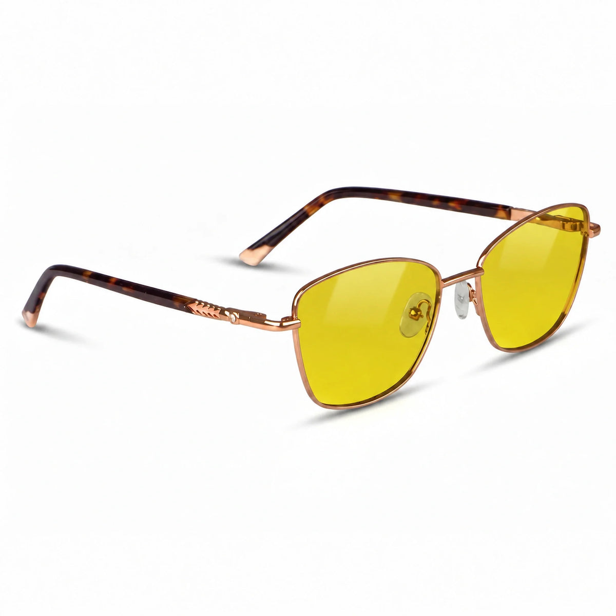 Fiore 2210 square cat eye sunglasses, tortoise steel frame, yellow polarized lens, three-quarter view · ReFramed