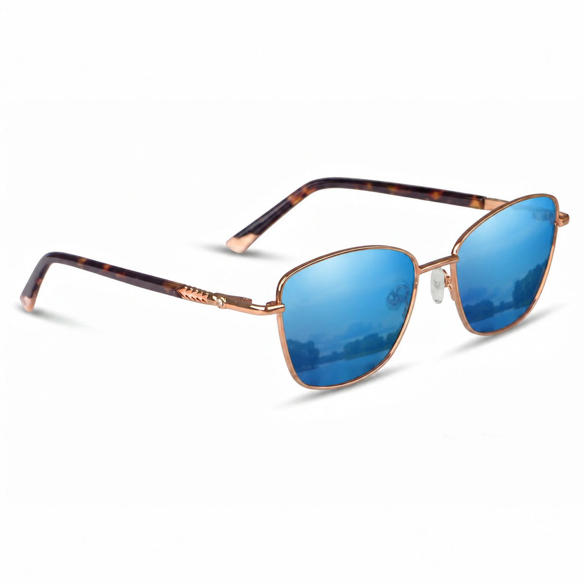 Fiore 2210 square cat eye sunglasses, tortoise steel frame, mirrored blue polarized lens, three-quarter view · ReFramed