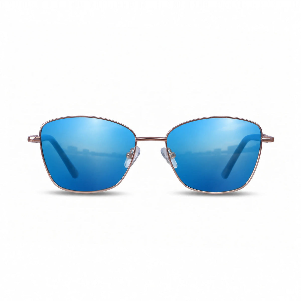 Fiore 2210 square cat eye sunglasses, tortoise steel frame, mirrored blue polarized lens, front view · ReFramed