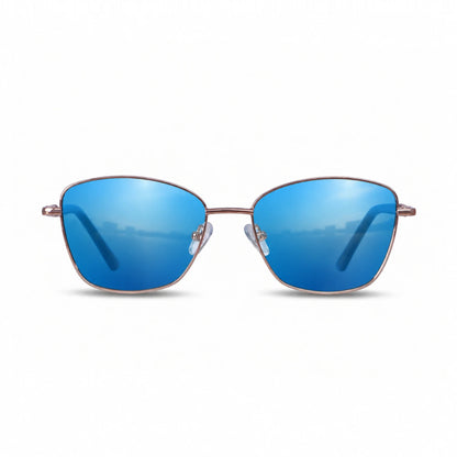 Fiore 2210 square cat eye sunglasses, tortoise steel frame, mirrored blue polarized lens, front view · ReFramed