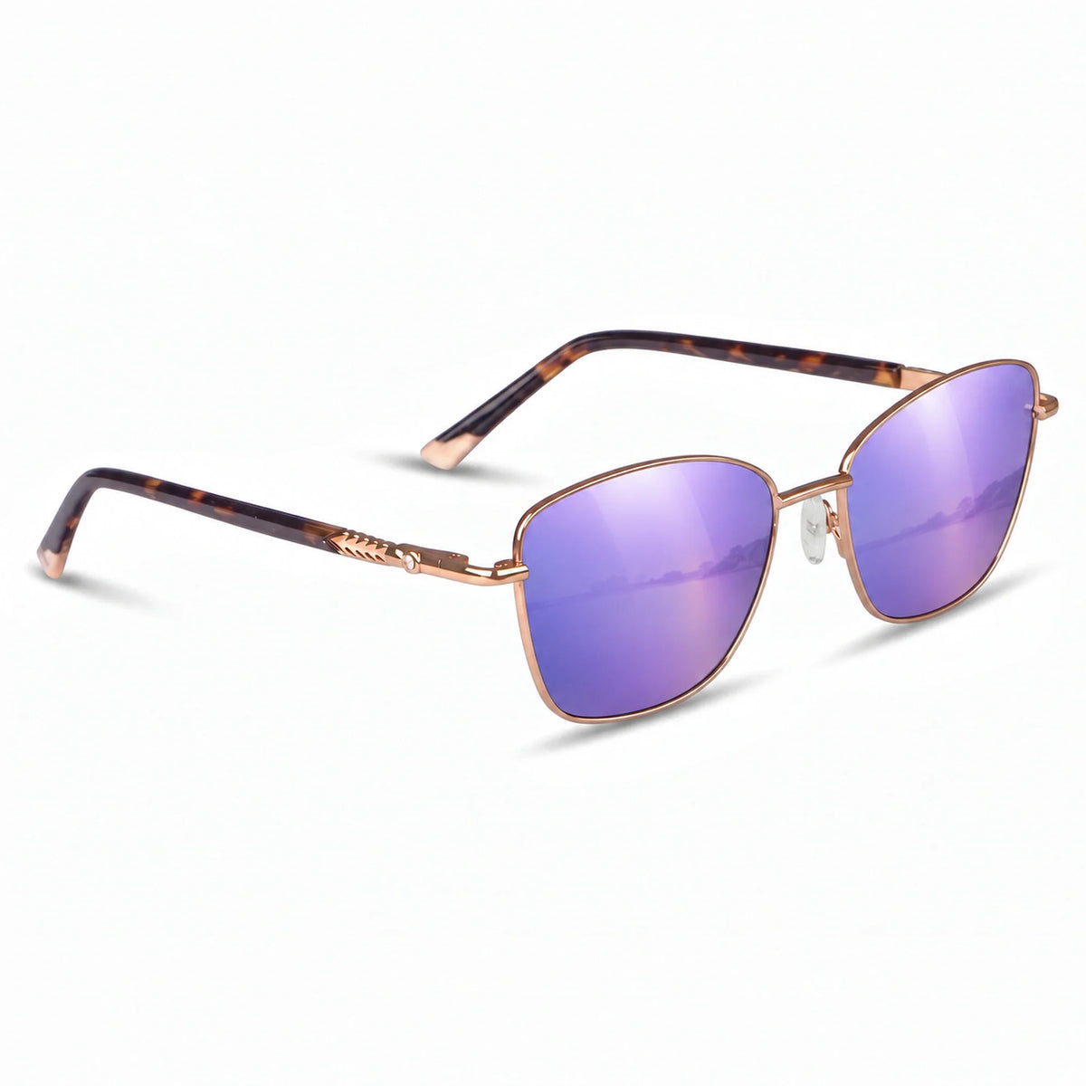 Fiore 2210 square cat eye sunglasses, tortoise steel frame, mirrored purple polarized lens, three-quarter view · ReFramed