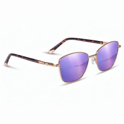 Fiore 2210 square cat eye sunglasses, tortoise steel frame, mirrored purple polarized lens, three-quarter view · ReFramed