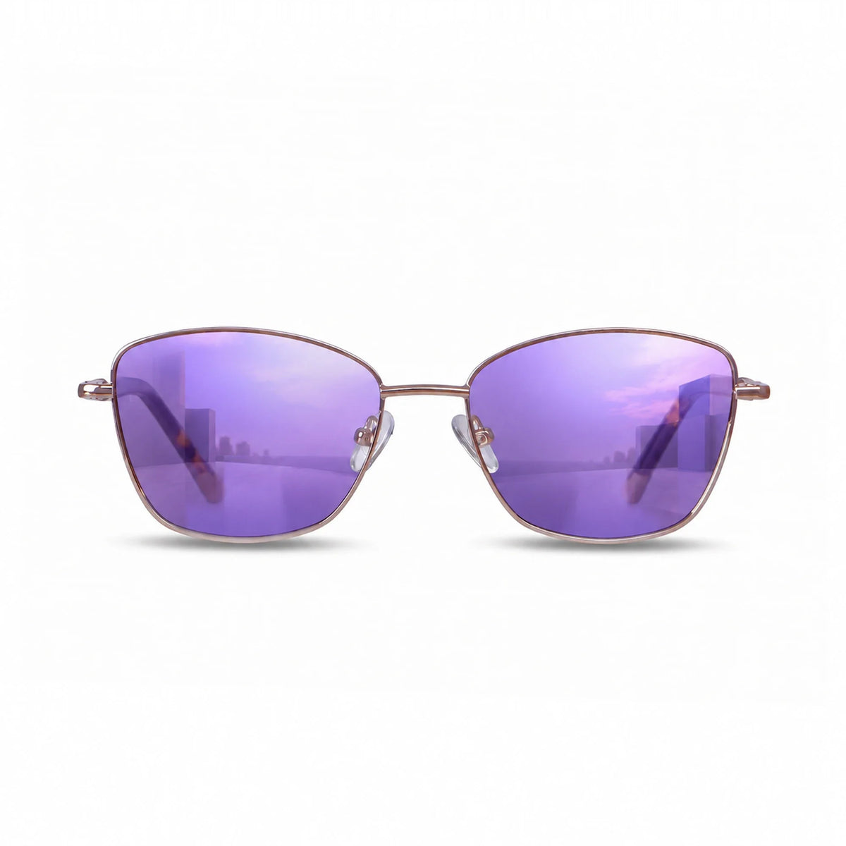 Fiore 2210 square cat eye sunglasses, tortoise steel frame, mirrored purple polarized lens, front view · ReFramed