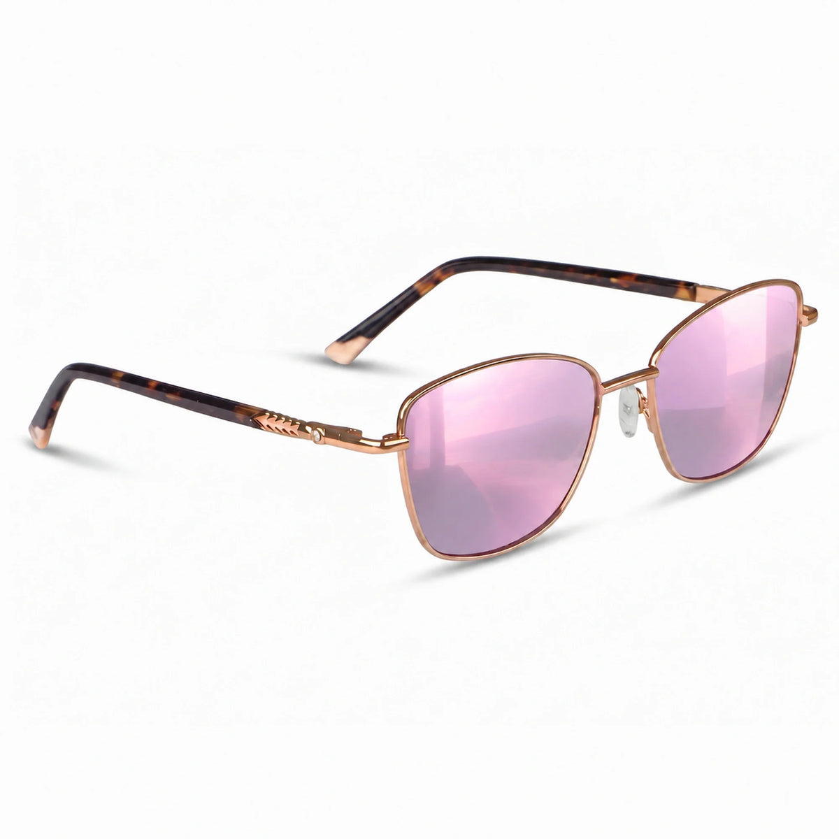 Fiore 2210 square cat eye sunglasses, tortoise steel frame, mirrored pink polarized lens, three-quarter view · ReFramed