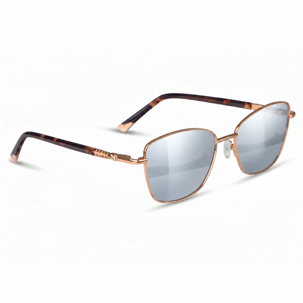 Fiore 2210 square cat eye sunglasses, tortoise steel frame, mirrored silver polarized lens, three-quarter view · ReFramed