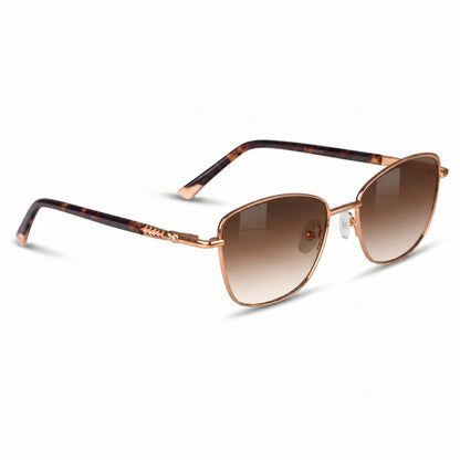 Fiore 2210 square cat eye sunglasses, tortoise steel frame, gradient brown polarized lens, three-quarter view · ReFramed
