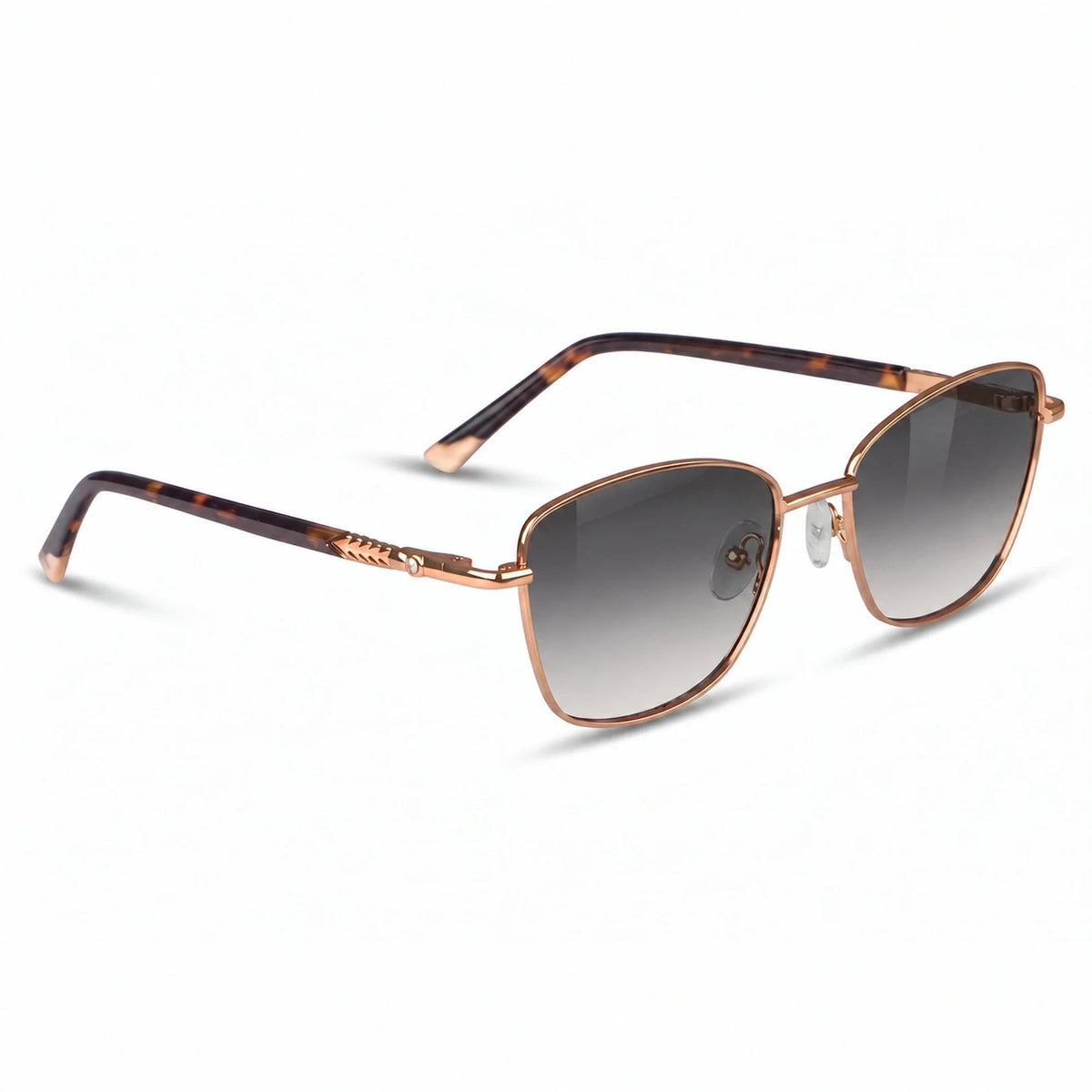 Fiore 2210 square cat eye sunglasses, tortoise steel frame, gradient gray polarized lens, three-quarter view · ReFramed