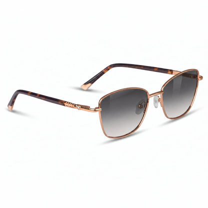 Fiore 2210 square cat eye sunglasses, tortoise steel frame, gradient gray polarized lens, three-quarter view · ReFramed