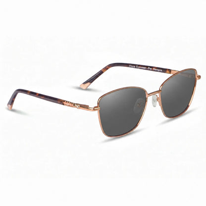 Fiore 2210 square cat eye sunglasses, tortoise steel frame, black polarized lens, three-quarter view · ReFramed
