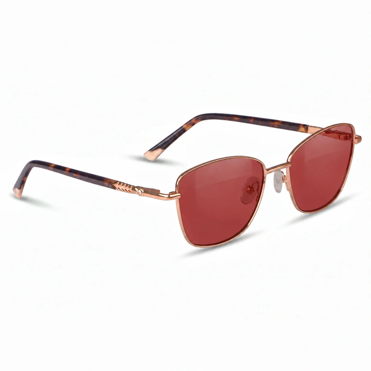 Fiore 2210 square cat eye sunglasses, tortoise steel frame, red polarized lens, three-quarter view · ReFramed