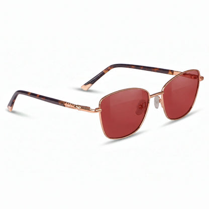Fiore 2210 square cat eye sunglasses, tortoise steel frame, red polarized lens, three-quarter view · ReFramed