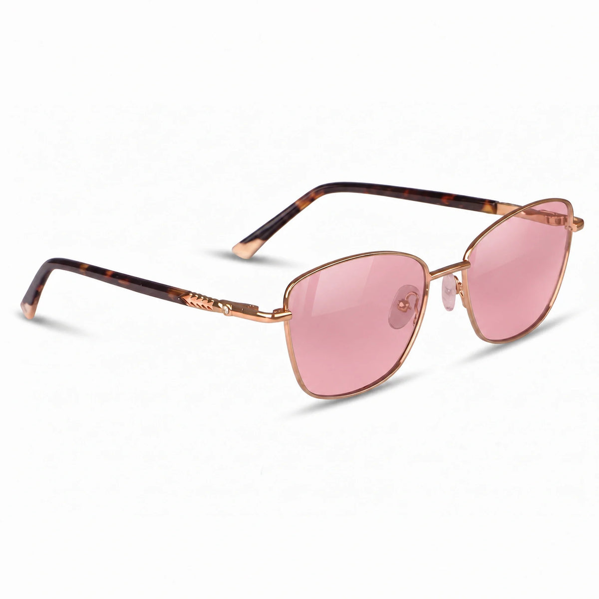 Fiore 2210 square cat eye sunglasses, tortoise steel frame, pink polarized lens, three-quarter view · ReFramed
