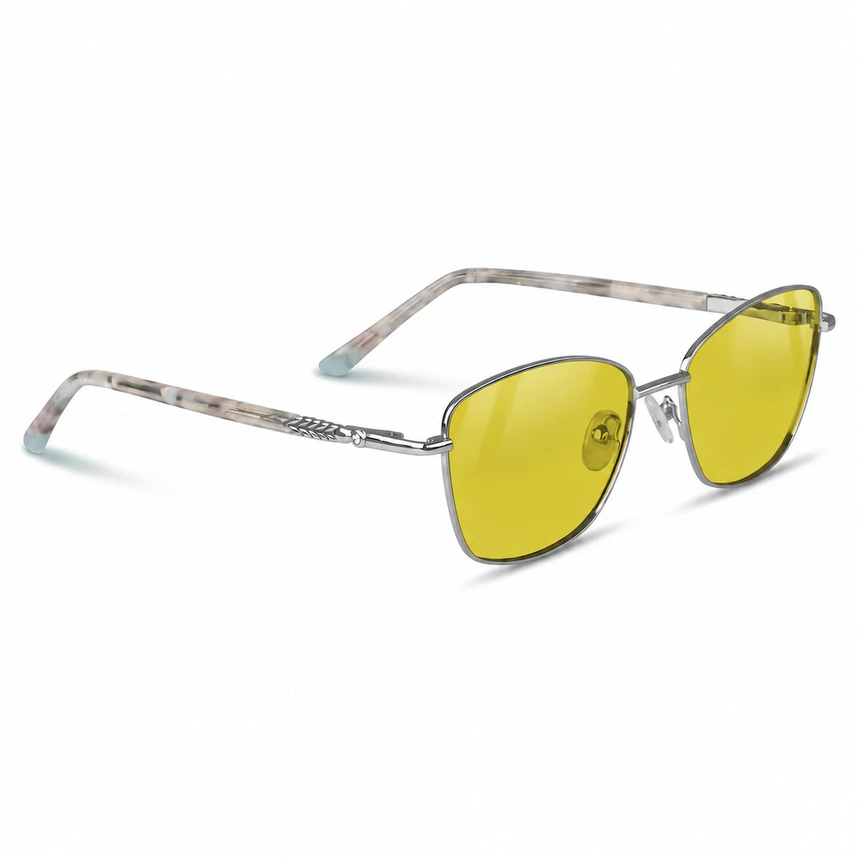 Fiore 2210 square cat eye sunglasses, silver steel frame, yellow polarized lens, three-quarter view · ReFramed