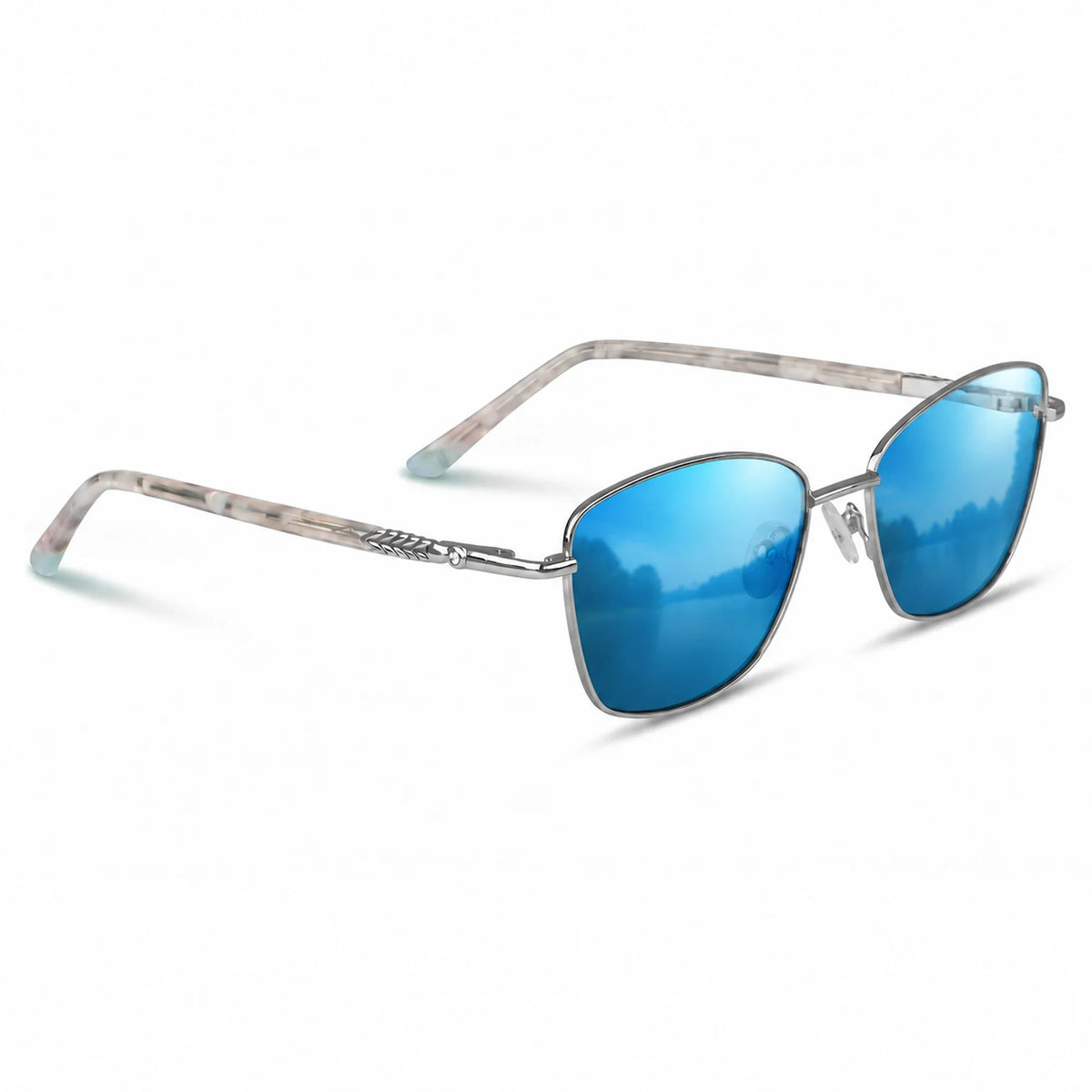 Fiore 2210 square cat eye sunglasses, silver steel frame, mirrored blue polarized lens, three-quarter view · ReFramed