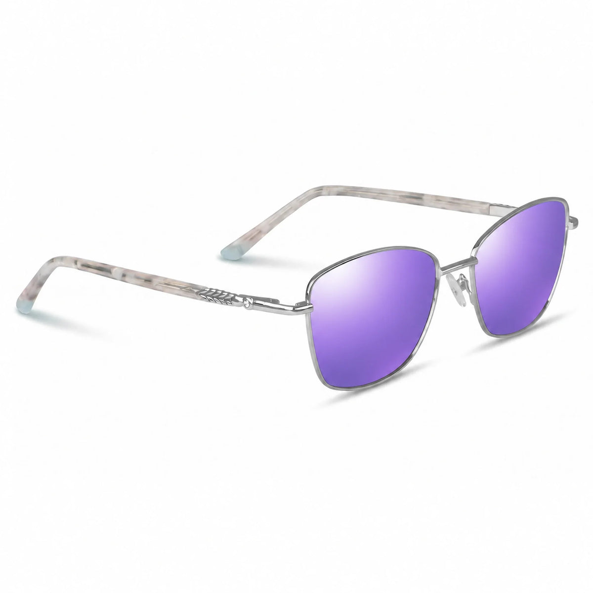 Fiore 2210 square cat eye sunglasses, silver steel frame, mirrored purple polarized lens, three-quarter view · ReFramed
