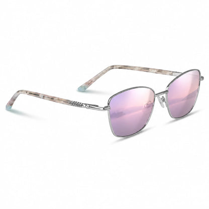Fiore 2210 square cat eye sunglasses, silver steel frame, mirrored pink polarized lens, three-quarter view · ReFramed
