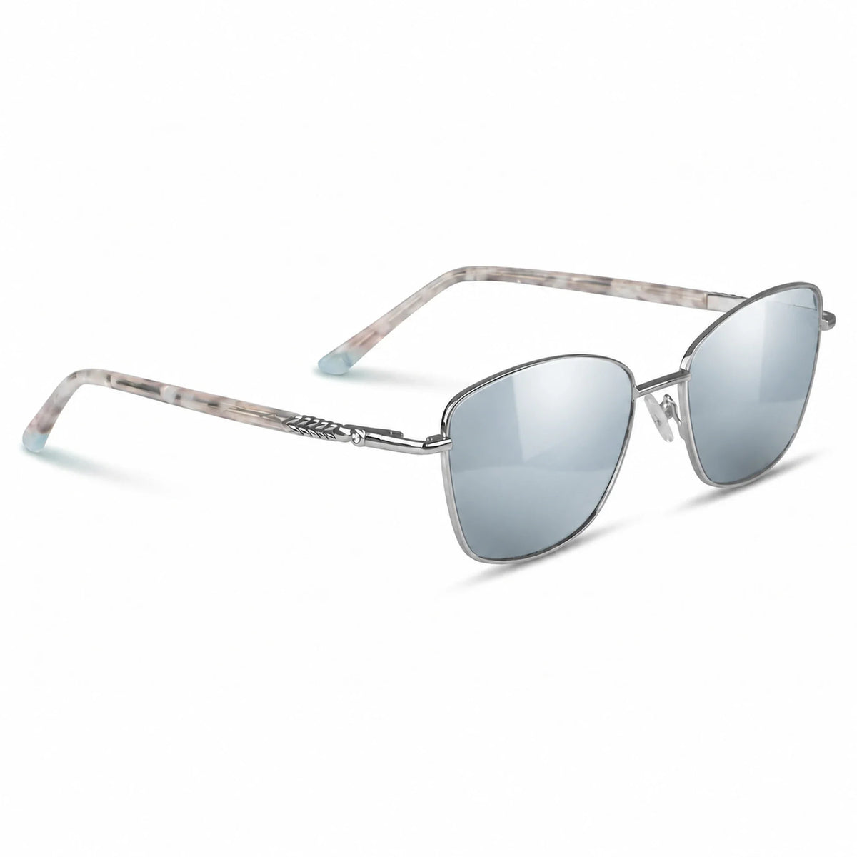 Fiore 2210 square cat eye sunglasses, silver steel frame, mirrored silver polarized lens, three-quarter view · ReFramed