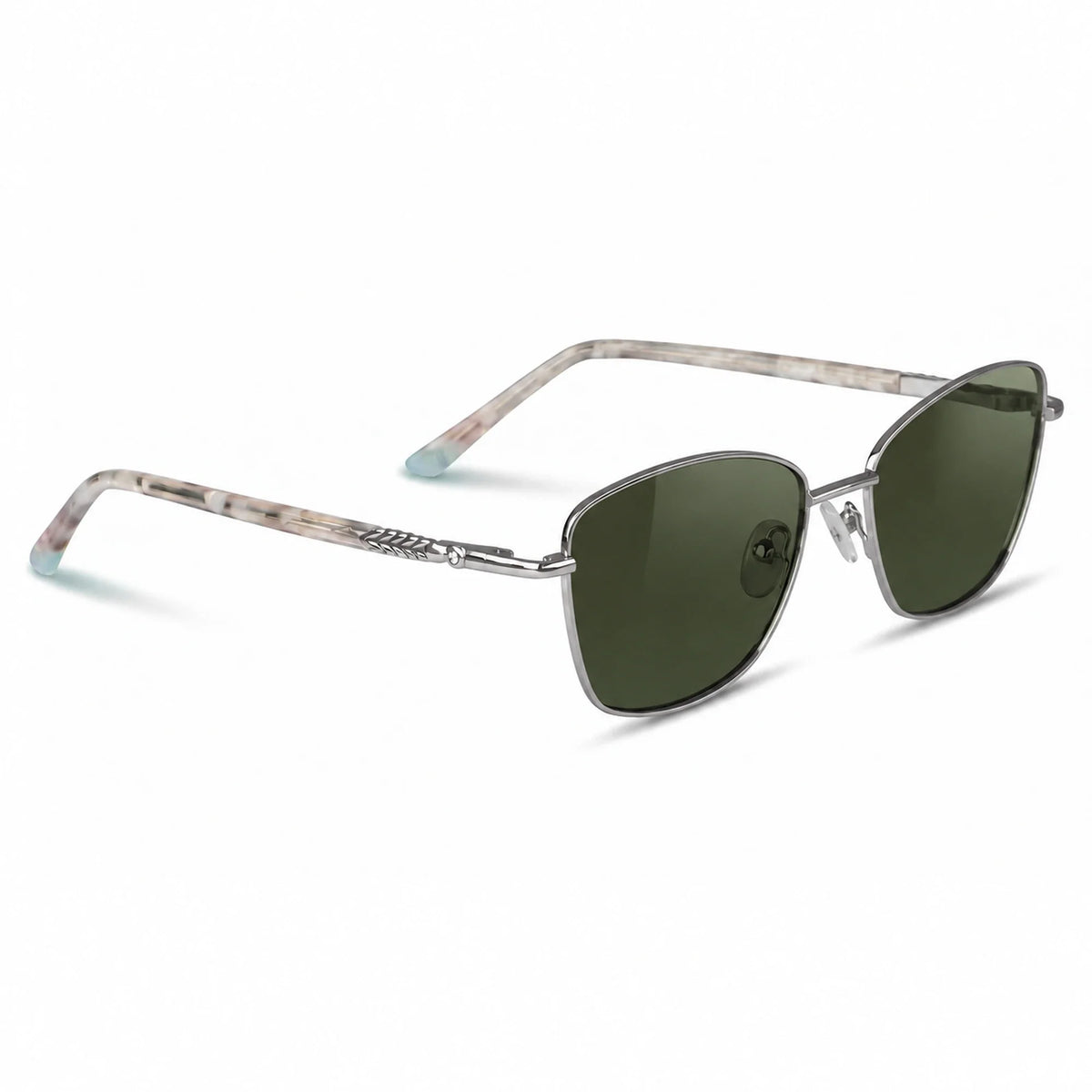 Fiore 2210 square cat eye sunglasses, silver steel frame, G15 polarized lens, three-quarter view · ReFramed