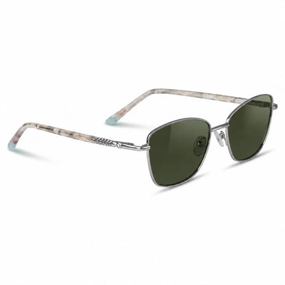 Fiore 2210 square cat eye sunglasses, silver steel frame, G15 polarized lens, three-quarter view · ReFramed