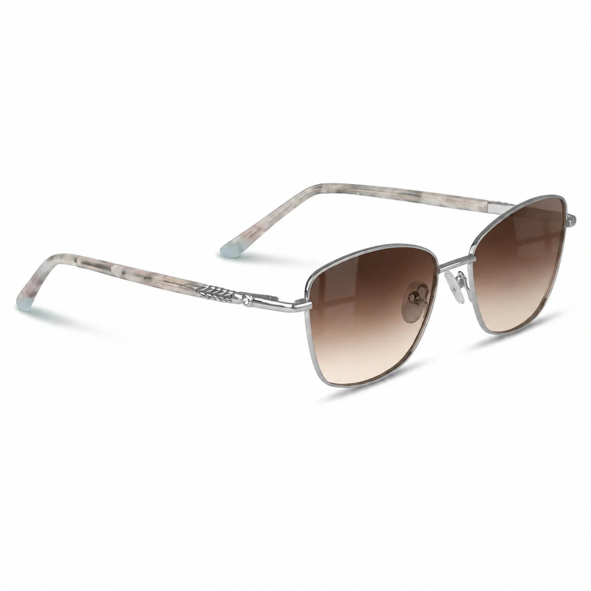 Fiore 2210 square cat eye sunglasses, silver steel frame, gradient brown polarized lens, three-quarter view · ReFramed
