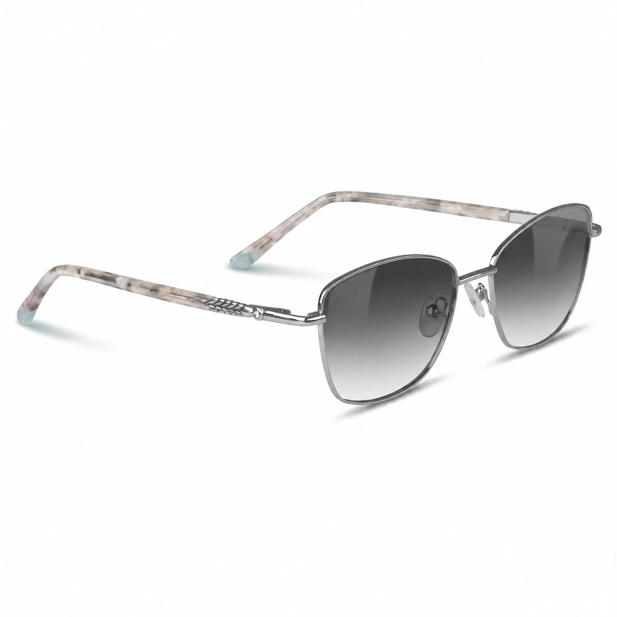 Fiore 2210 square cat eye sunglasses, silver steel frame, gradient gray polarized lens, three-quarter view · ReFramed