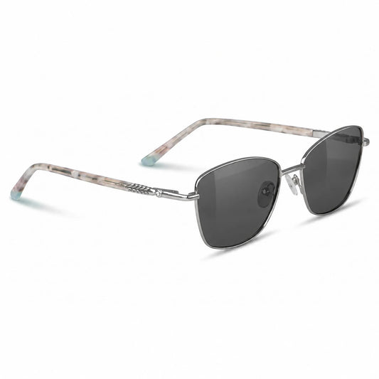 Fiore 2210 square cat eye sunglasses, silver steel frame, black polarized lens, three-quarter view · ReFramed