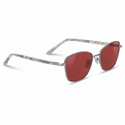 Fiore 2210 square cat eye sunglasses, silver steel frame, red polarized lens, three-quarter view · ReFramed
