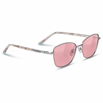 Fiore 2210 square cat eye sunglasses, silver steel frame, pink polarized lens, three-quarter view · ReFramed