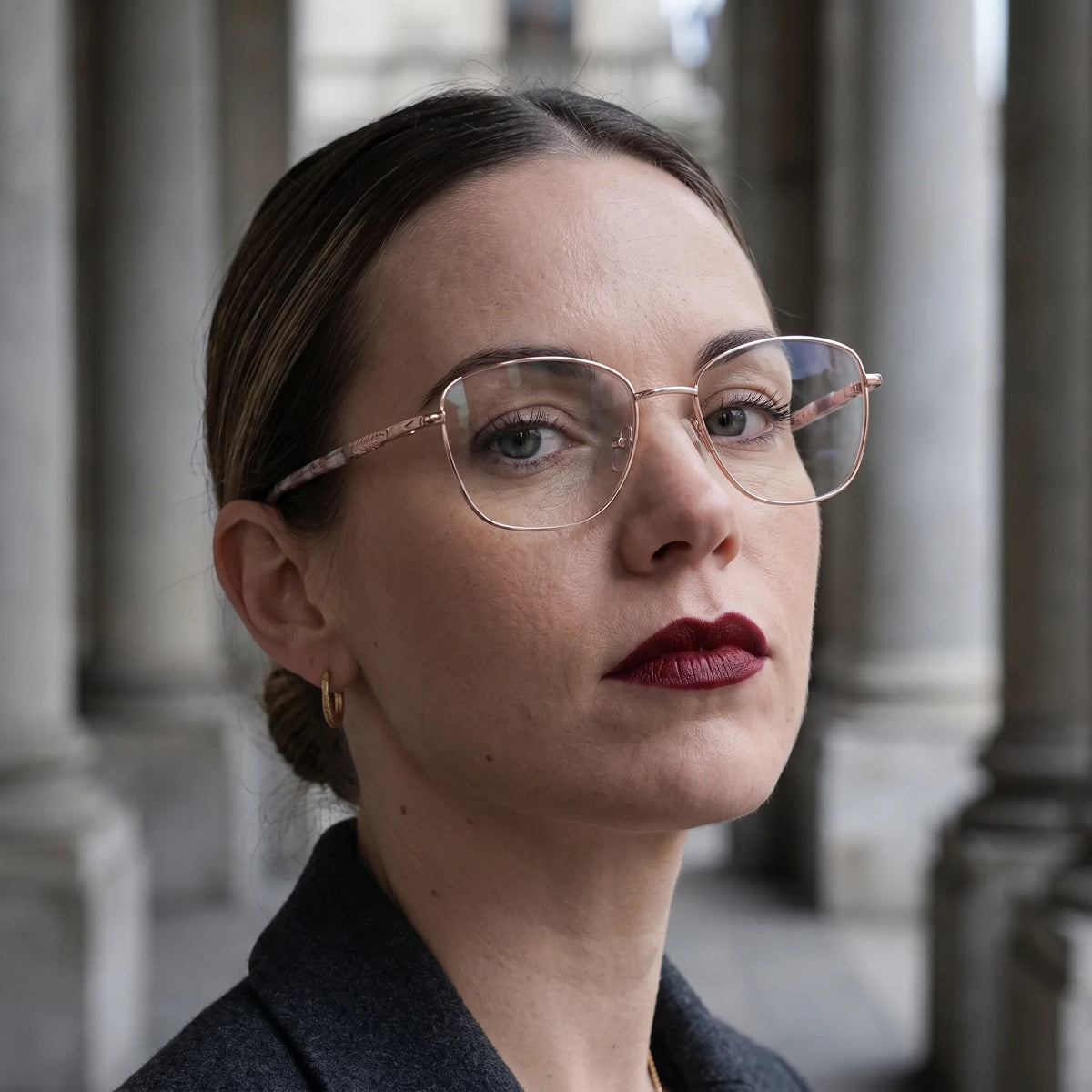 Fiore 2210 eyeglasses in gold brown, worn by a model – campaign portrait, moody autumn portrait between stone columns