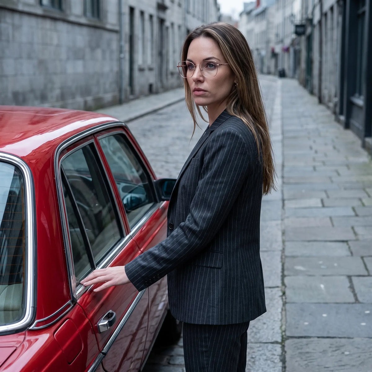 Fiore 2210 eyeglasses in gold brown, worn by a model – campaign portrait, pinstripe suit beside a classic red car