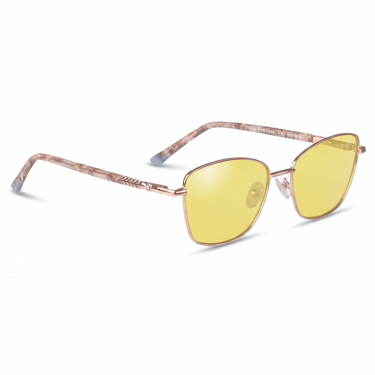 Fiore 2210 square cat eye sunglasses, gold steel frame, yellow polarized lens, three-quarter view · ReFramed
