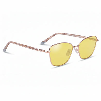 Fiore 2210 square cat eye sunglasses, gold steel frame, yellow polarized lens, three-quarter view · ReFramed