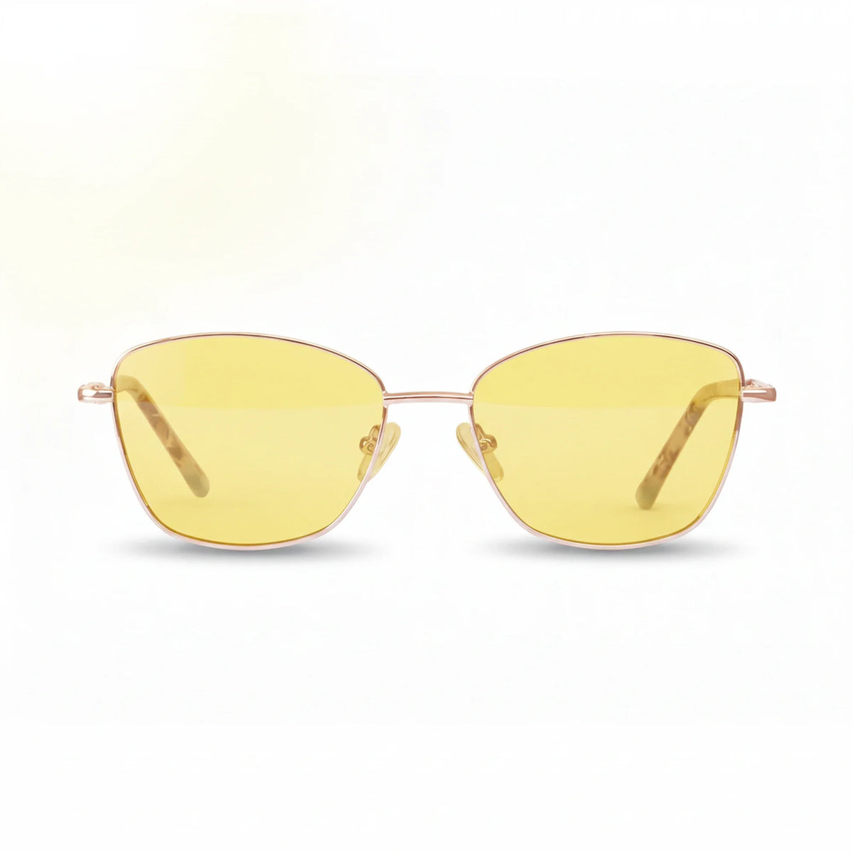 Fiore 2210 square cat eye sunglasses, gold steel frame, yellow polarized lens, front view · ReFramed