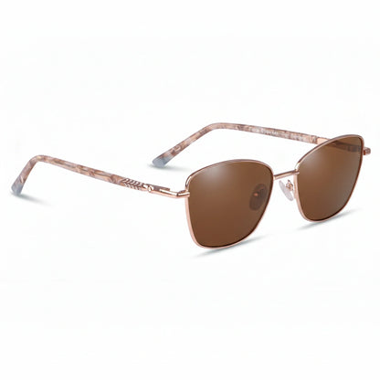Fiore 2210 square cat eye sunglasses, gold steel frame, brown polarized lens, three-quarter view · ReFramed