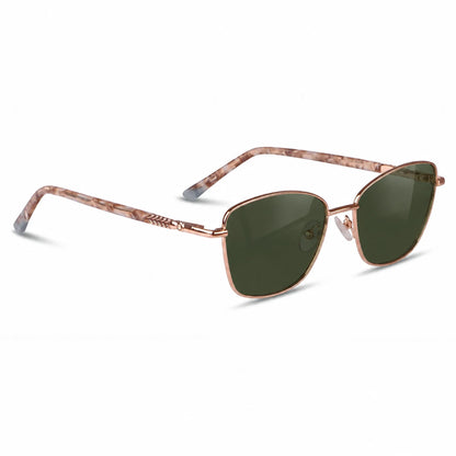 Fiore 2210 square cat eye sunglasses, gold steel frame, G15 polarized lens, three-quarter view · ReFramed