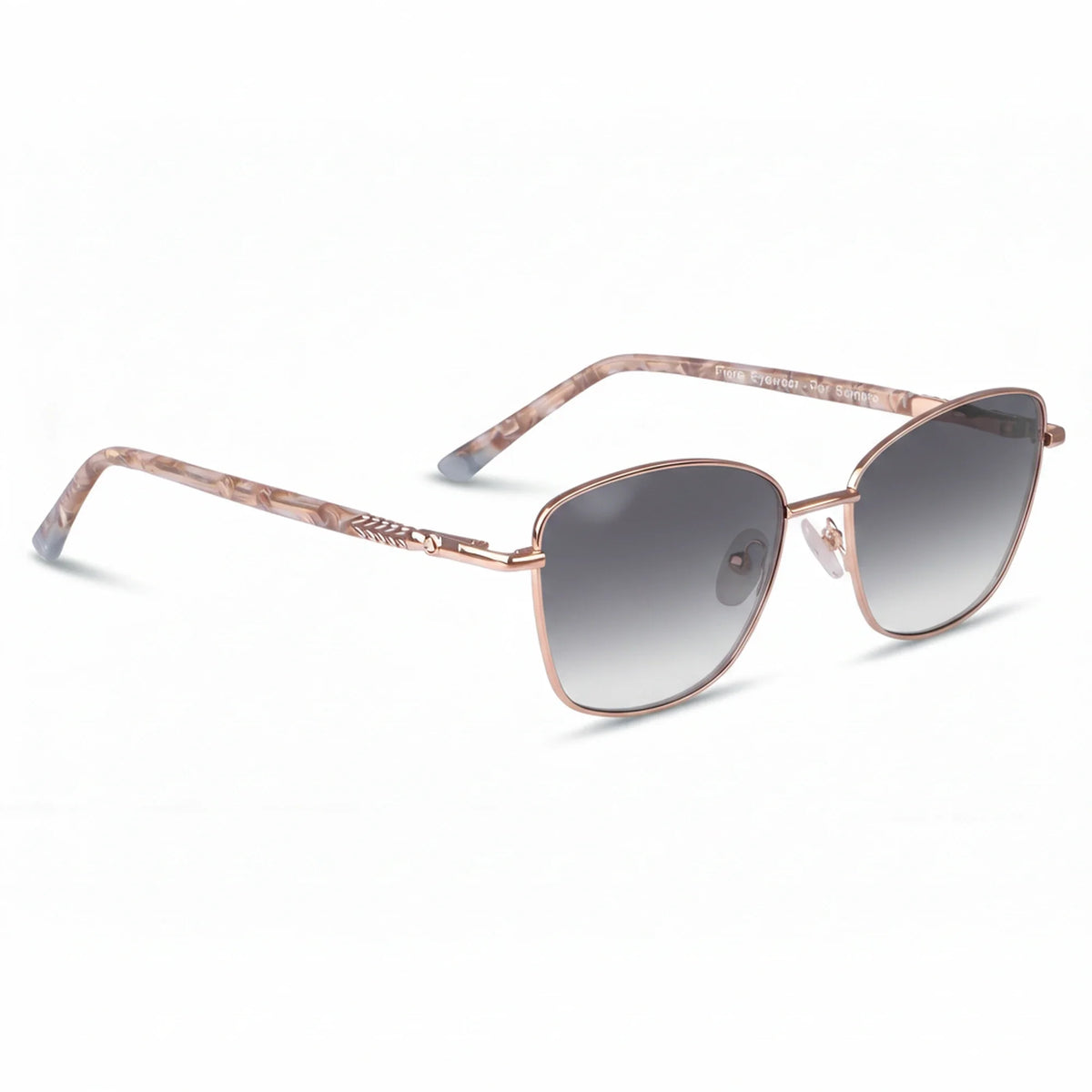 Fiore 2210 square cat eye sunglasses, gold steel frame, gradient gray polarized lens, three-quarter view · ReFramed